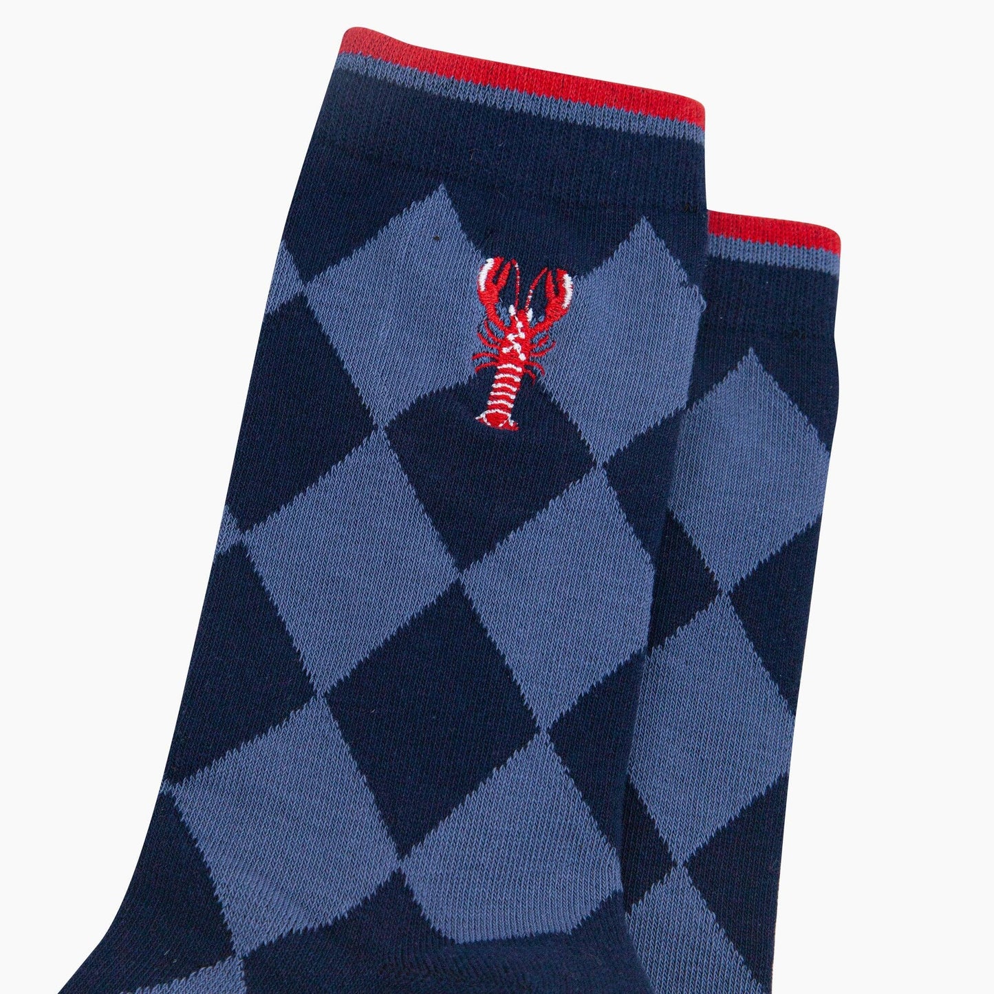 Embroidered Lobster Argyle Combed Cotton Socks in Navy Blue