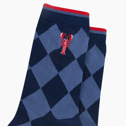 Embroidered Lobster Argyle Combed Cotton Socks in Navy Blue