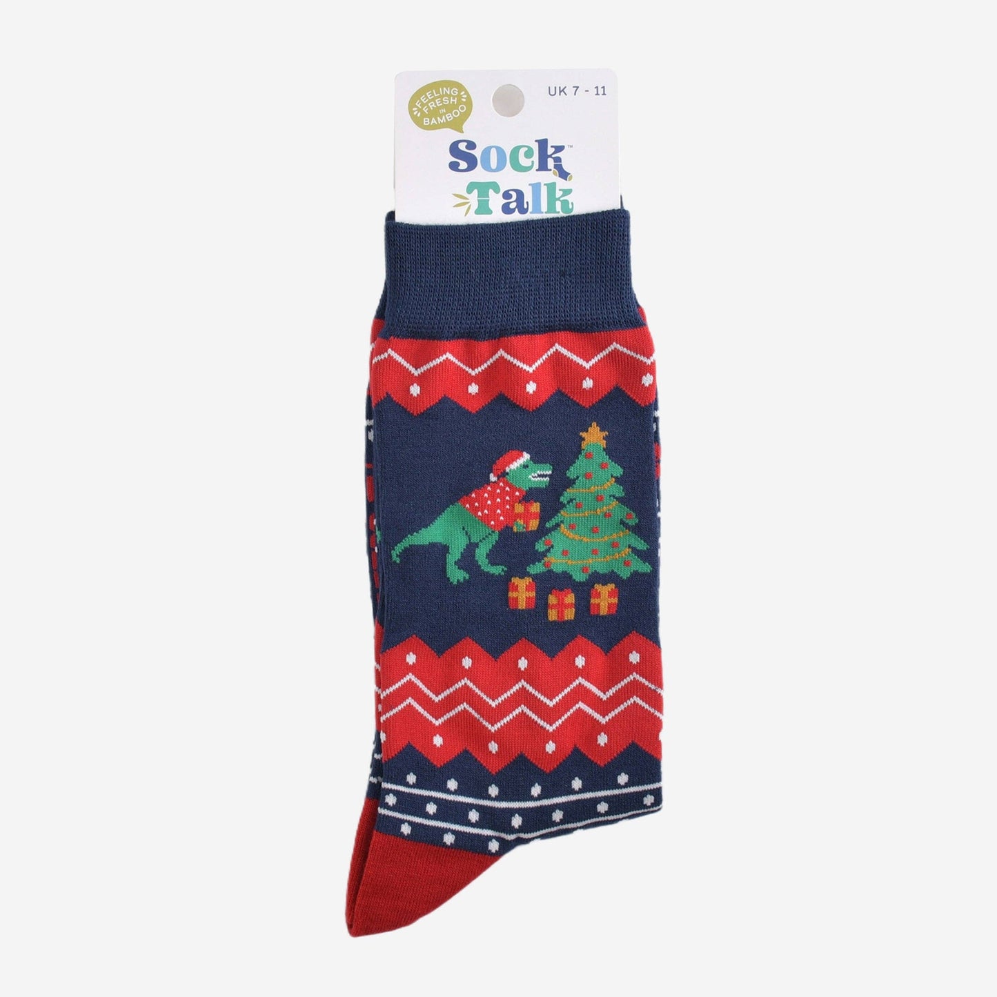 Men's Bamboo Socks - Navy Blue/Red, T-Rex Christmas Tree