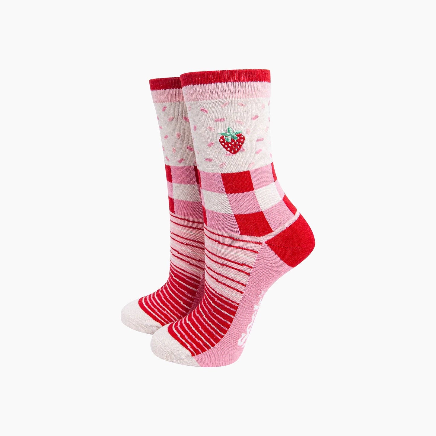 Embroidered Strawberry Combed Cotton Socks in Pink