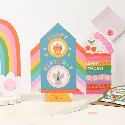 Die Cut Rainbow Rocket Birthday Card with Animal Friends