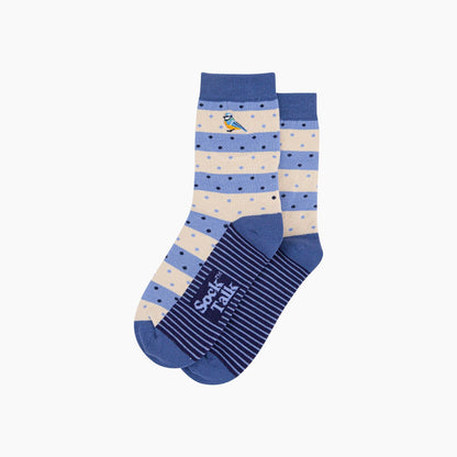 Embroidered Blue Tits Combed Cotton Socks in Blue