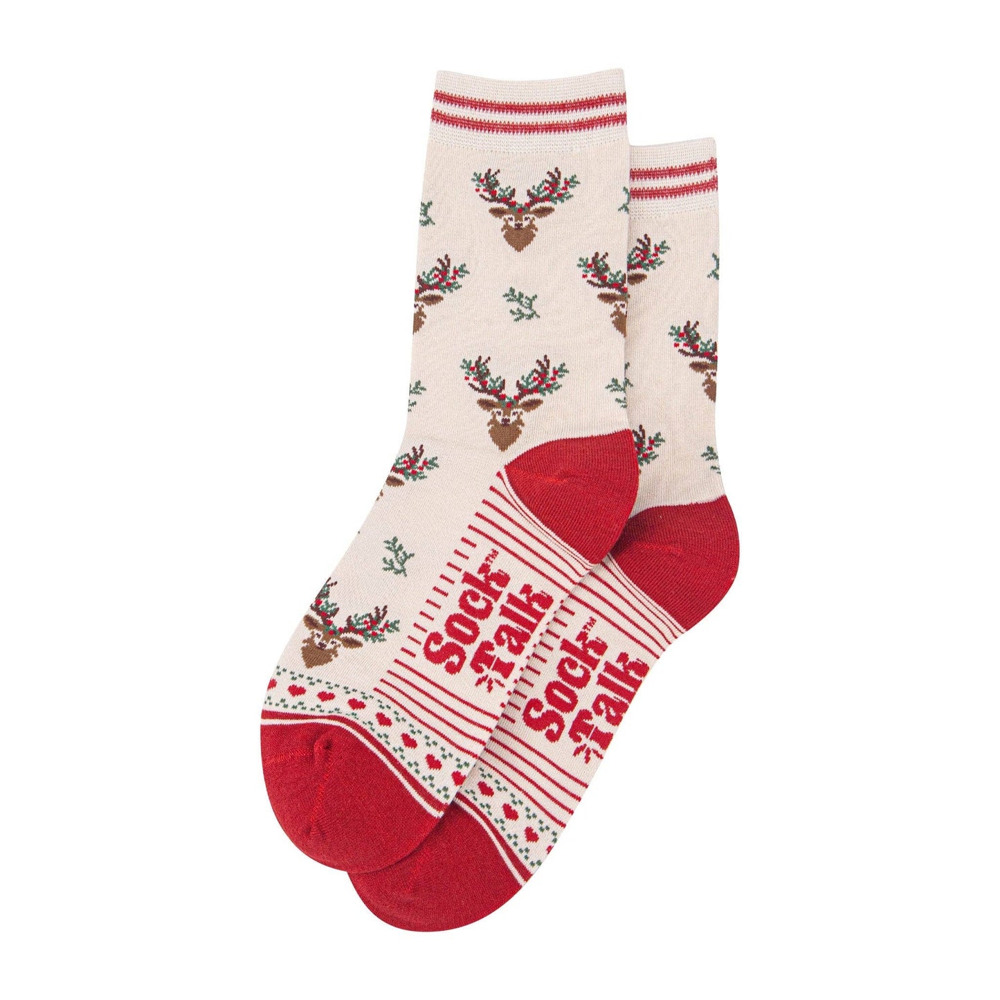 Women's Bamboo Socks - Cream/Red, Floral Reindeer