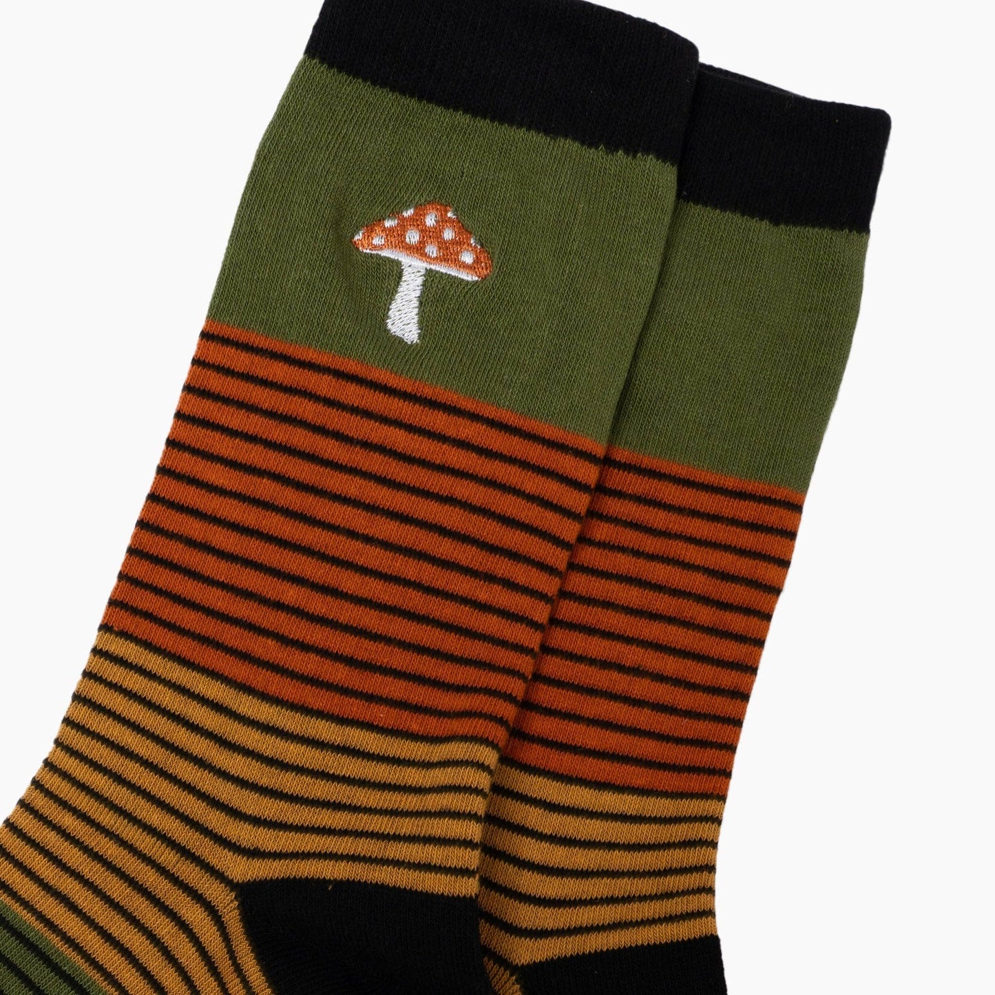 Embroidered Toadstool Striped Combed Cotton Socks in Khaki