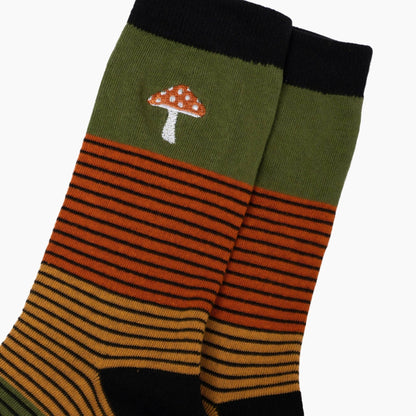 Embroidered Toadstool Striped Combed Cotton Socks in Khaki