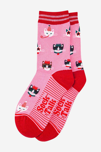 Women's Bamboo Socks - Hot Pink/Red, Party Cats