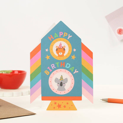 Die Cut Rainbow Rocket Birthday Card with Animal Friends