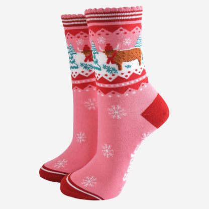 Women's Bamboo Socks - Pink/Red, Christmas Highland Cow