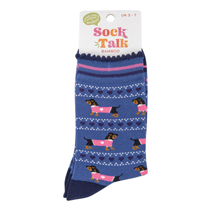 Women's Bamboo Socks - Blue/Navy, Sausage Dogs Fair Isle