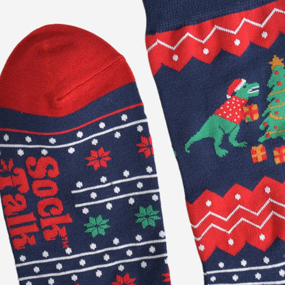 Men's Bamboo Socks - Navy Blue/Red, T-Rex Christmas Tree