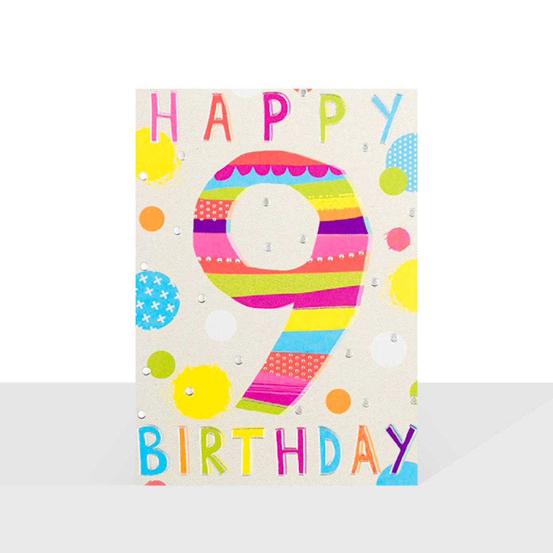 Happy 9th Birthday card - Neon brights