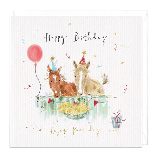 Happy Birthday, horses in stables - card