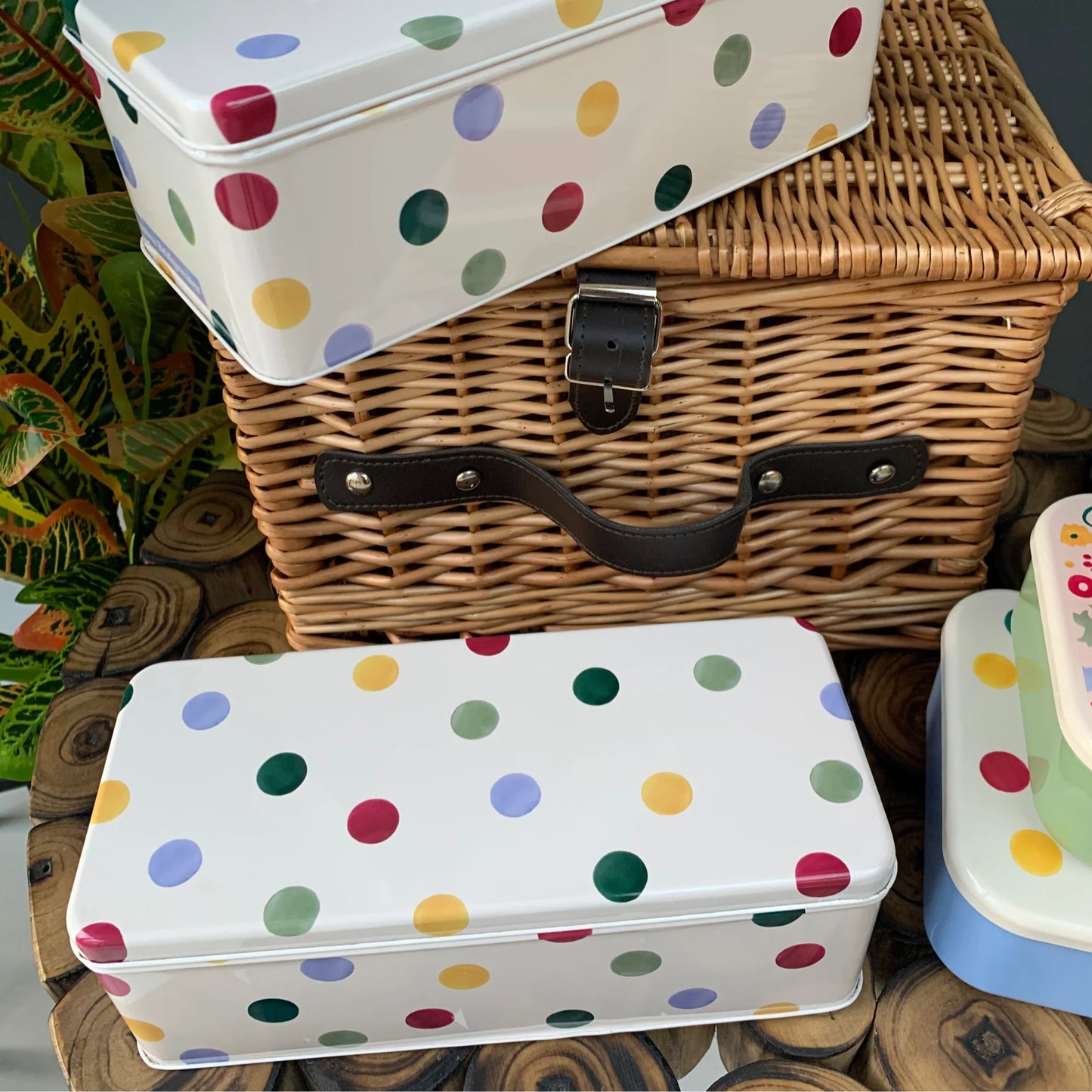 Emma Bridgewater large rectangle tin - polka dot - filled with tea & biscuits