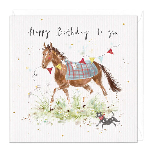 Happy Birthday, running horse & dog- card