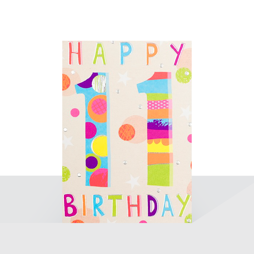 Happy 11th Birthday card - Neon brights