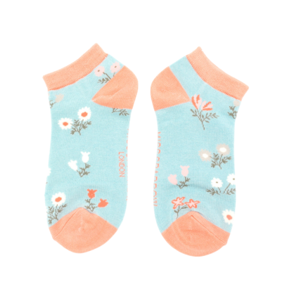 Bamboo trainer socks - dainty floral duck egg