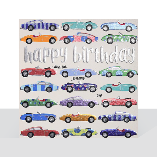 Happy birthday, retro metallic sports cars card