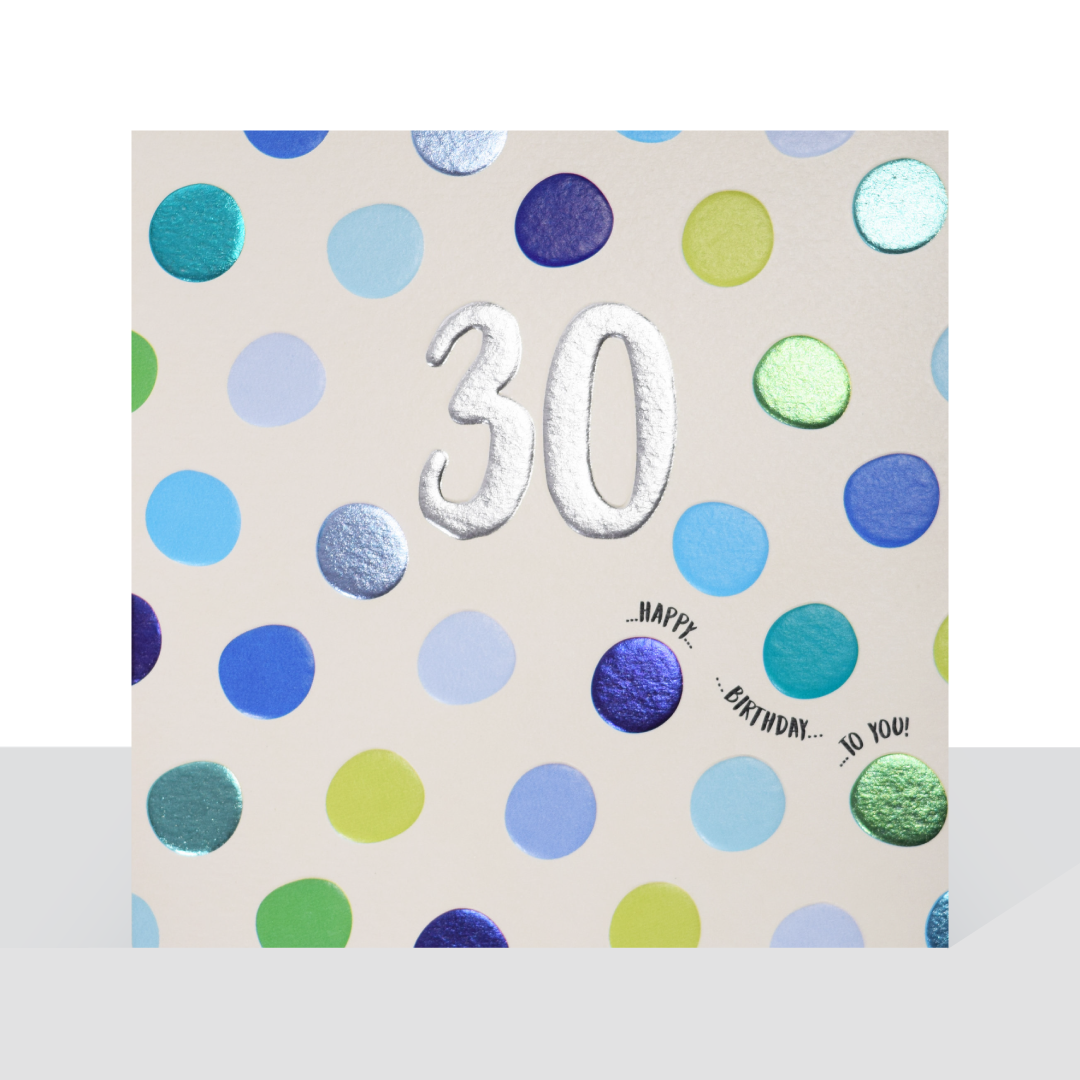 Happy 30th birthday, metallic blue spots card