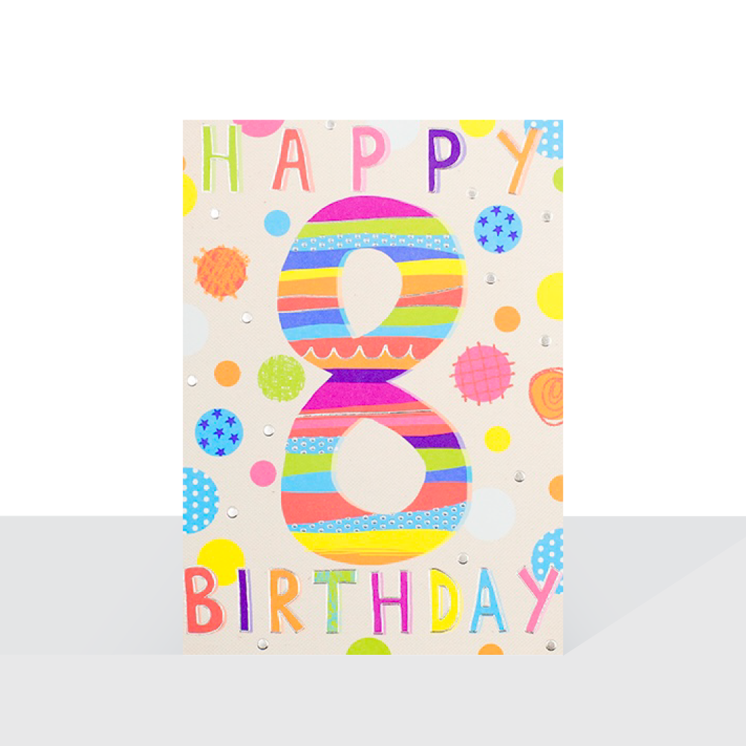 Happy 8th Birthday card - Neon brights