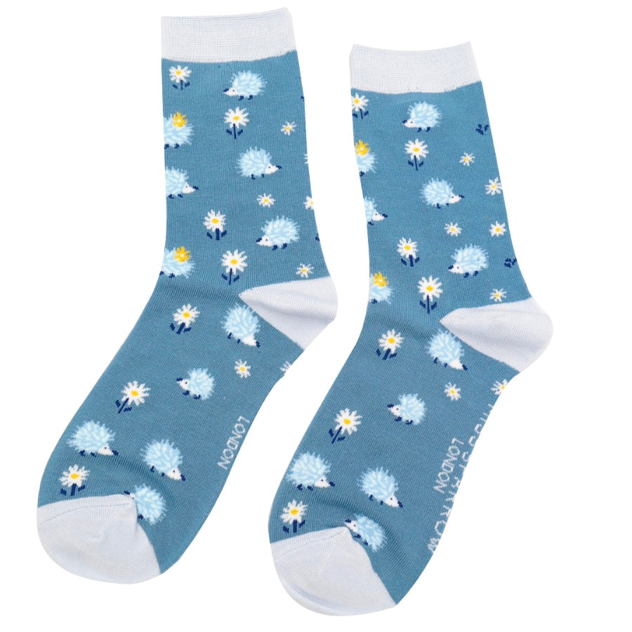 Ladies bamboo socks - hedgehogs & daisies denim