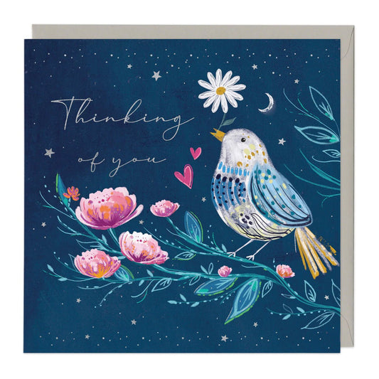 Thinking of you, navy bird - card