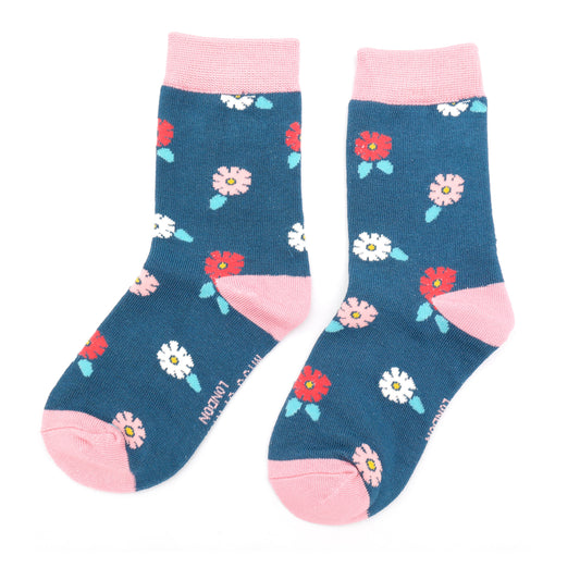 Girls bamboo socks - ditsy flowers, navy (age 7-9)