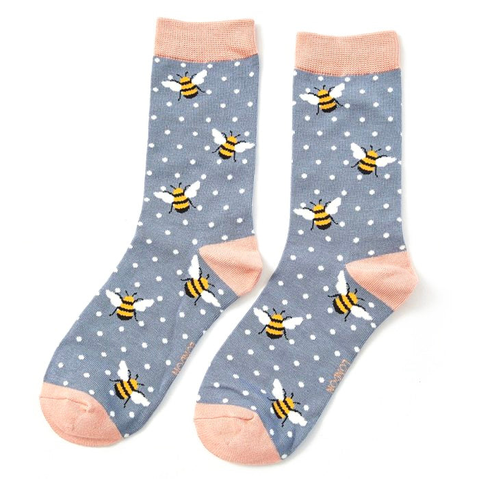 Ladies bamboo socks - bees cornflower