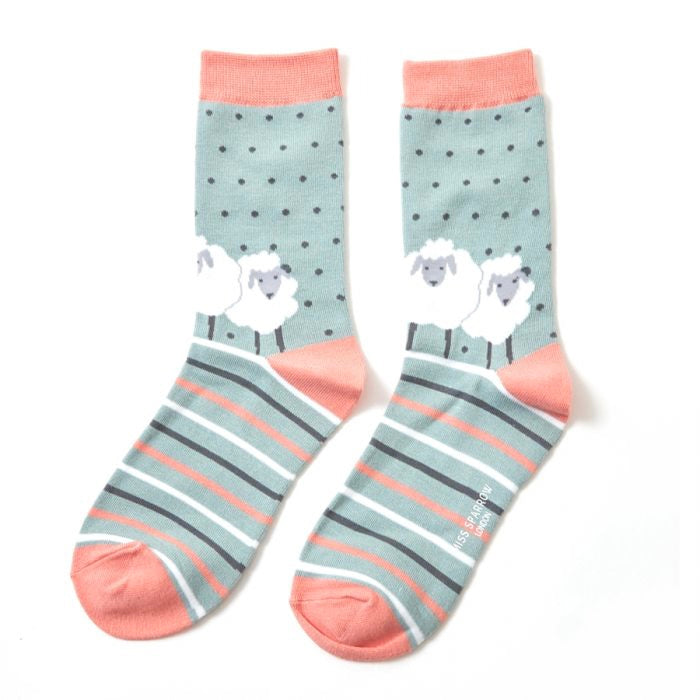 Ladies bamboo socks - sheep friends aqua