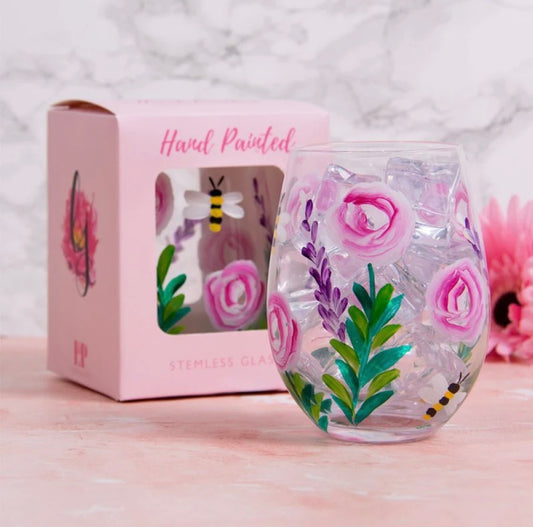 Hand painted stemless glass - roses