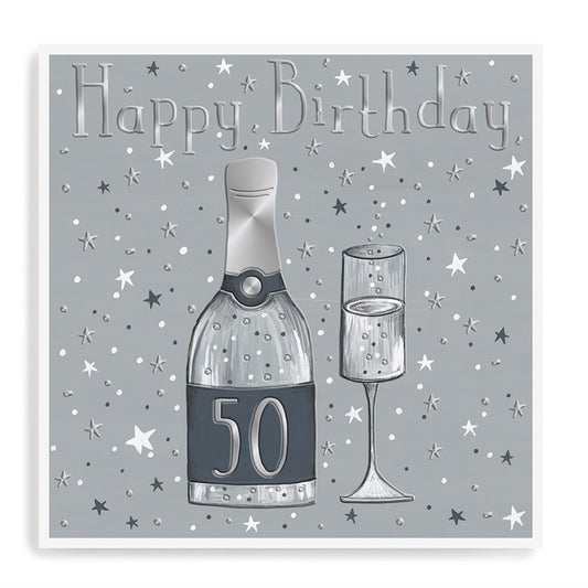 50th birthday bubbly, grey/metallic silver - card