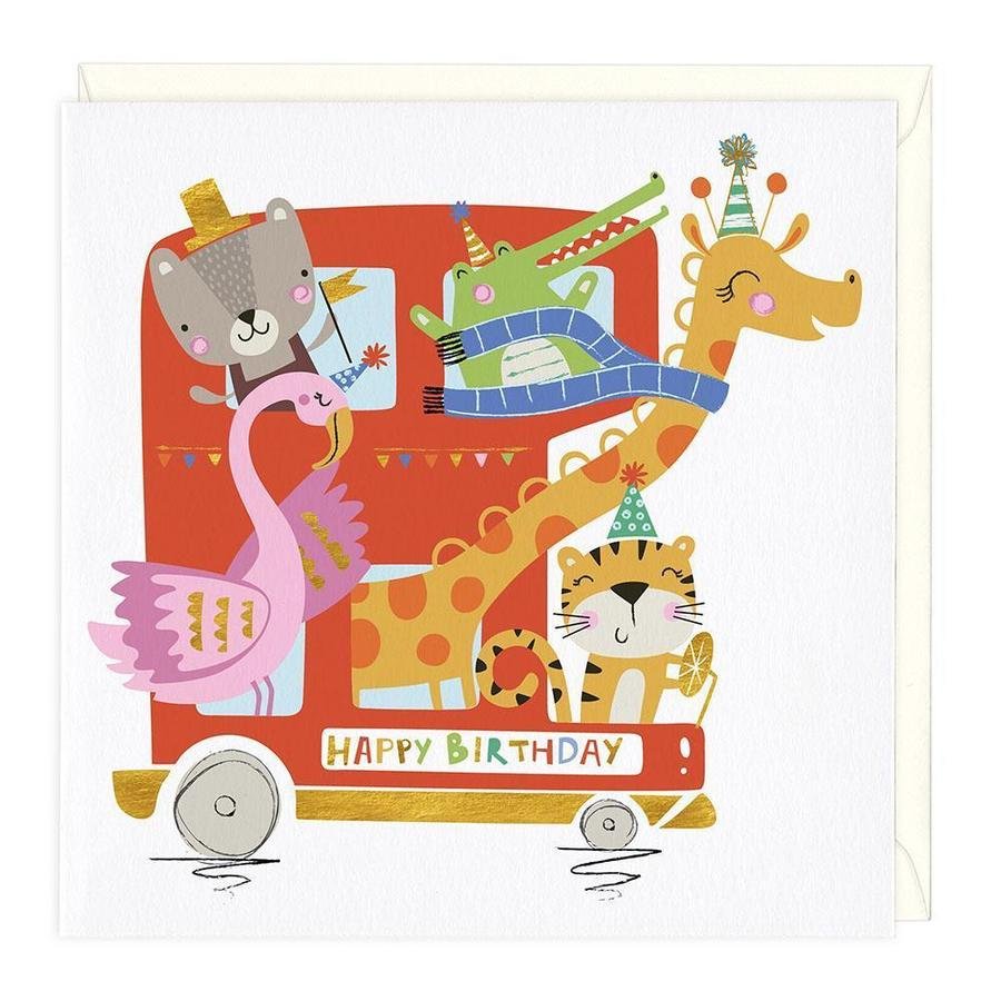 Happy birthday animal party bus - card