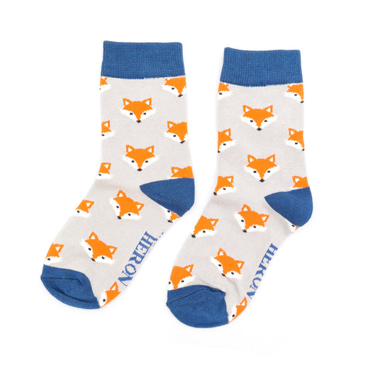 Boys bamboo socks - fox faces, silver (age 4-6)