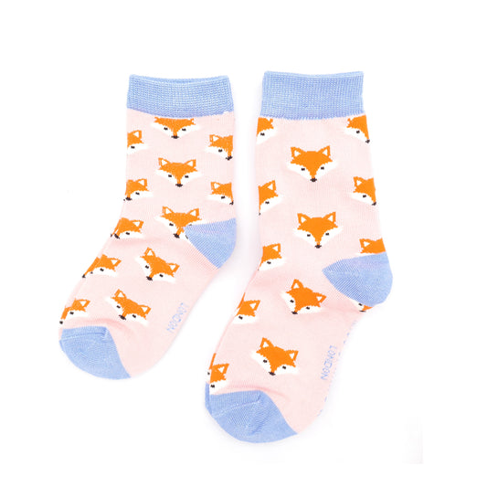 Girls bamboo socks - fox faces dusky pink (age 4-6)