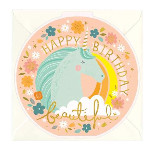 Happy birthday beautiful, Unicorn round - card