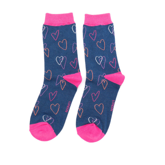 Ladies bamboo socks - sketch hearts navy