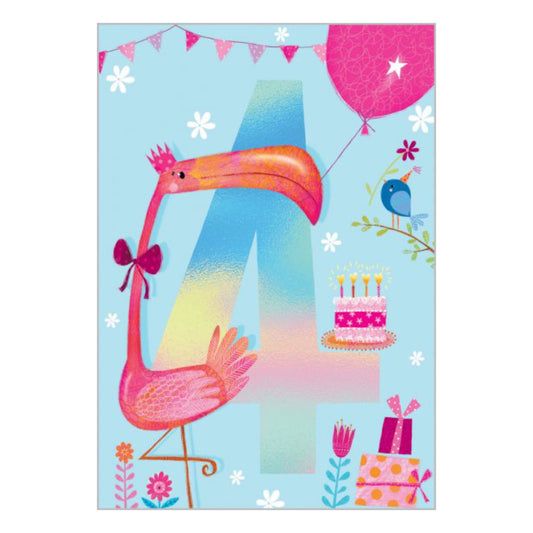 4 holographic birthday flamingo - card