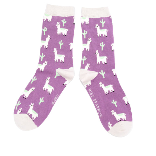 Ladies bamboo socks - llamas dusky purple