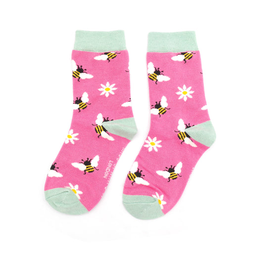 Girls bamboo socks - bees & daisies, hot pink (age 7-9)
