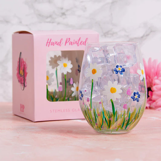 Hand painted stemless glass - daisies