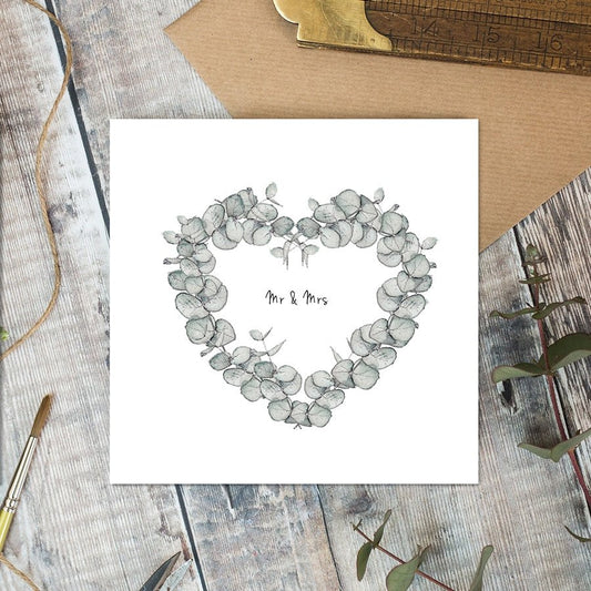 Mr & Mrs eucalyptus heart - card