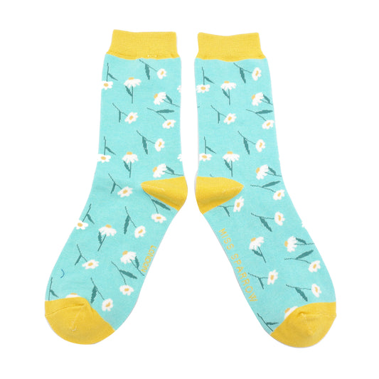 Ladies bamboo socks - daisies aqua