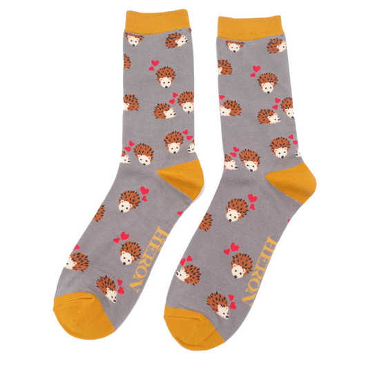 Mens bamboo socks - hedgehogs & hearts grey