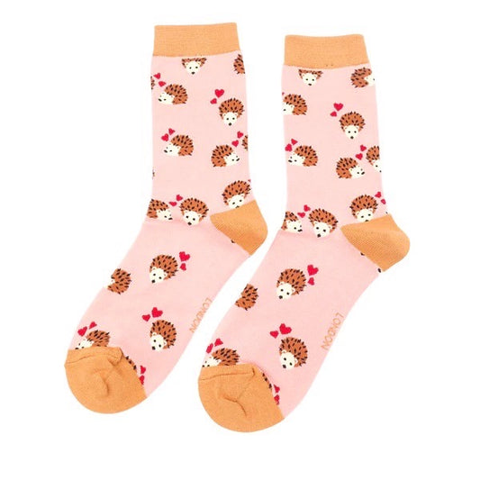 Ladies bamboo socks - hedgehogs & hearts pink