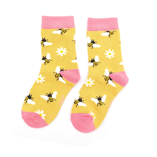 Girls bamboo socks - bees & daisies yellow (age 4-6)