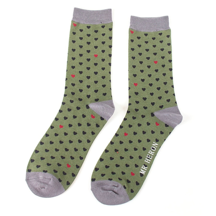 Mens bamboo socks - little hearts olive