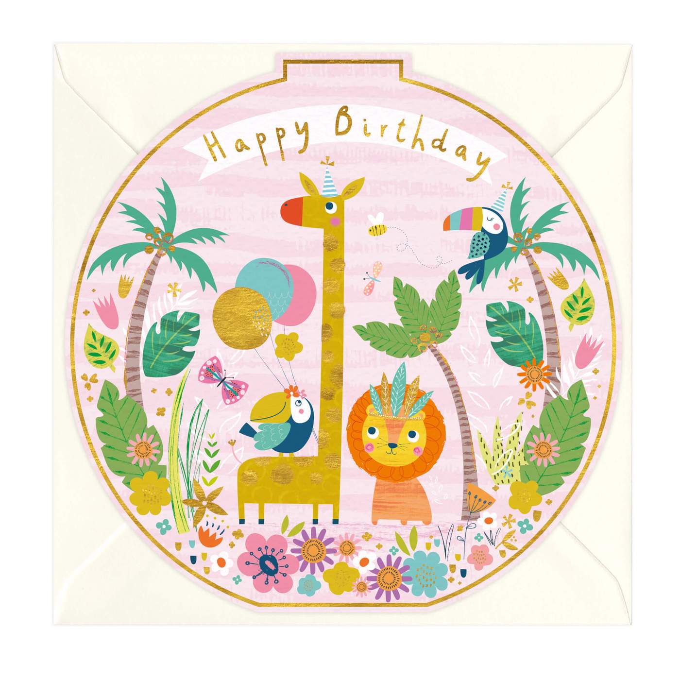 Happy birthday pink animals - round card