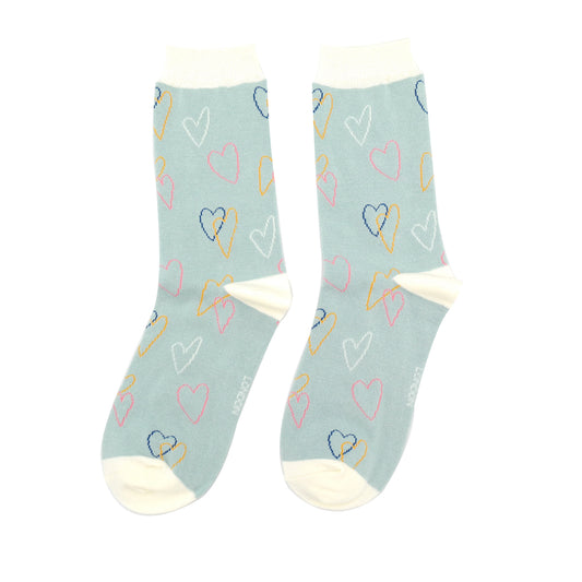Ladies bamboo socks - sketch hearts aqua