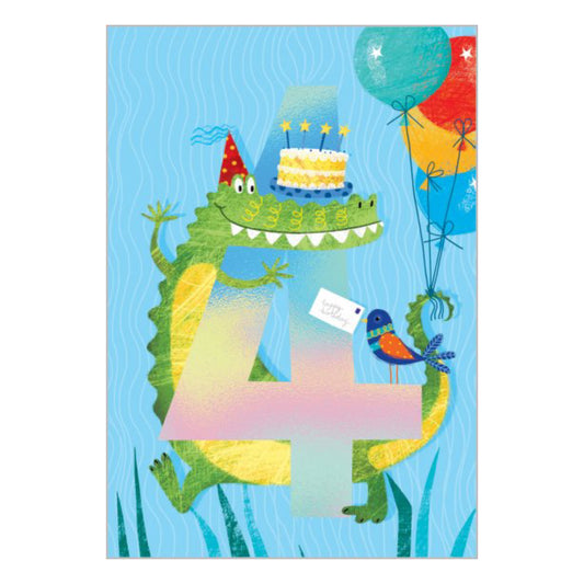 4 holographic birthday alligator - card